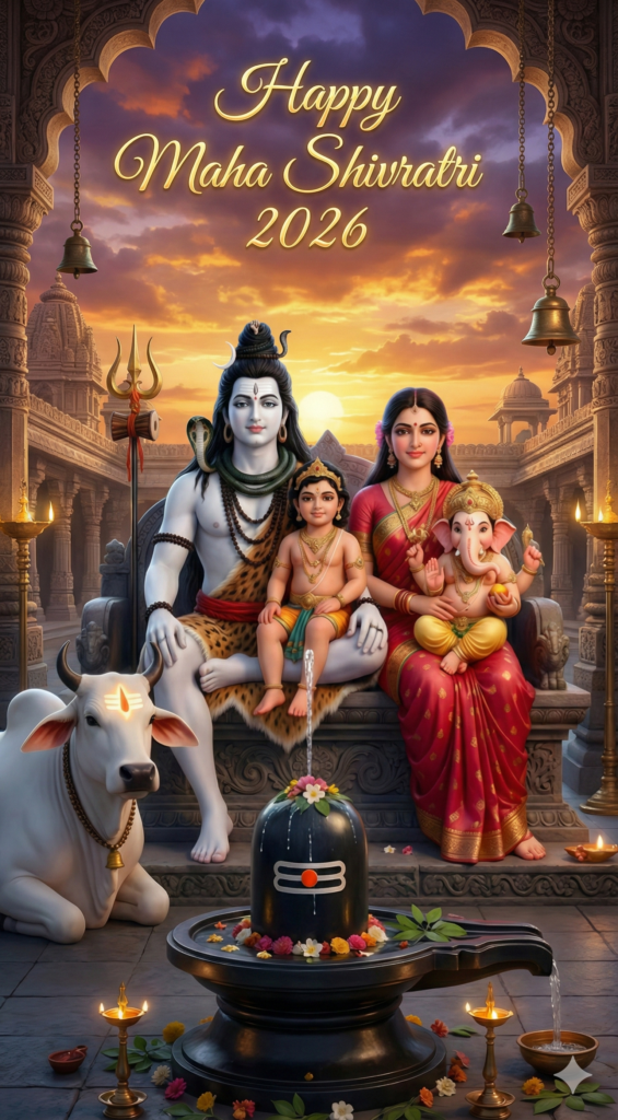 Happy Mahashivratri 2026 status image showing Shiva Parvati marriage rituals with Har Har Mahadev quote