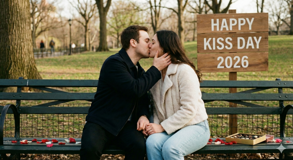 Happy Kiss Day 2026 romantic couple kissing on park bench with sign and chocolates