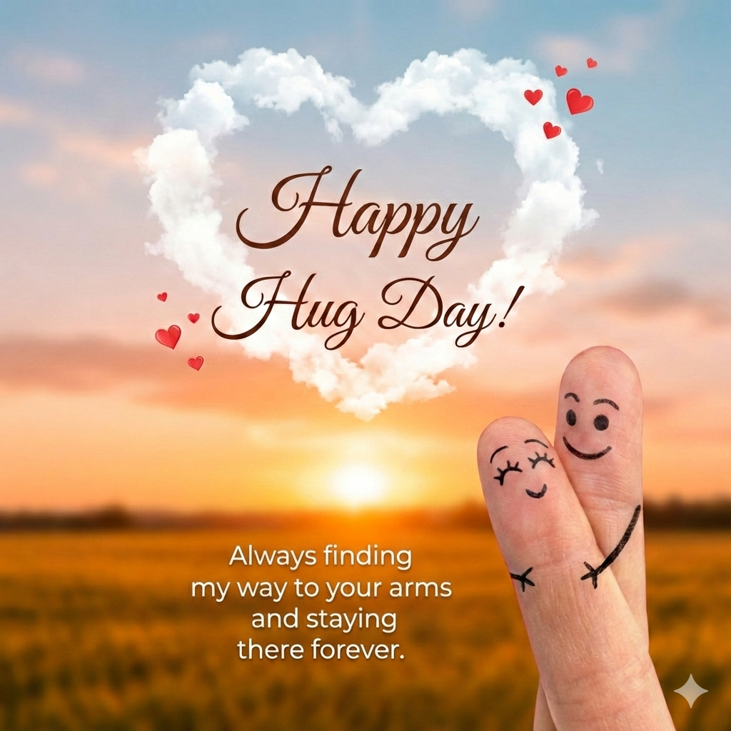 Happy Hug Day 2026 romantic couple sharing a warm embrace in golden light