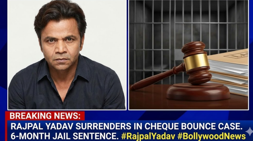 Rajpal Yadav Jail News 2026: The Full Story Behind the Tears, the Debt, and the Comeback Hope 1 "Breaking News graphic showing actor Rajpal Yadav and a judge's gavel with jail bars, announcing his surrender in the cheque bounce case and 6-month jail sentence 2026."