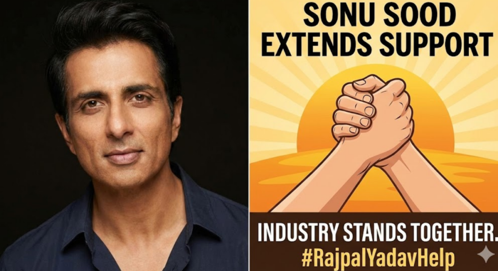 Rajpal Yadav Jail News 2026: The Full Story Behind the Tears, the Debt, and the Comeback Hope 2 "Actor Sonu Sood extending support to Rajpal Yadav; split image showing Sonu Sood's photo and a graphic of shaking hands symbolizing industry unity."