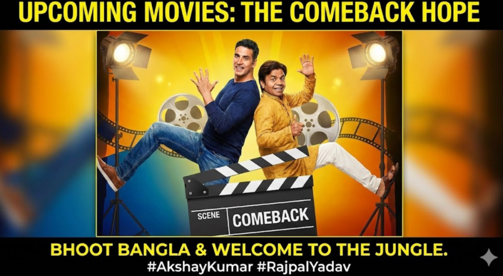 Rajpal Yadav Jail News 2026: The Full Story Behind the Tears, the Debt, and the Comeback Hope 4 Movie poster style graphic featuring Akshay Kumar and Rajpal Yadav back-to-back, highlighting upcoming films Bhoot Bangla and Welcome To The Jungle as Rajpal's comeback hope.