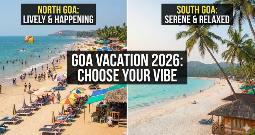 "Featured image for Goa Vacation 2026 guide; split design showing a relaxing beach scene with hammocks on the left and a vibrant Goa Carnival float on the right, highlighting the diverse experiences of Goa."