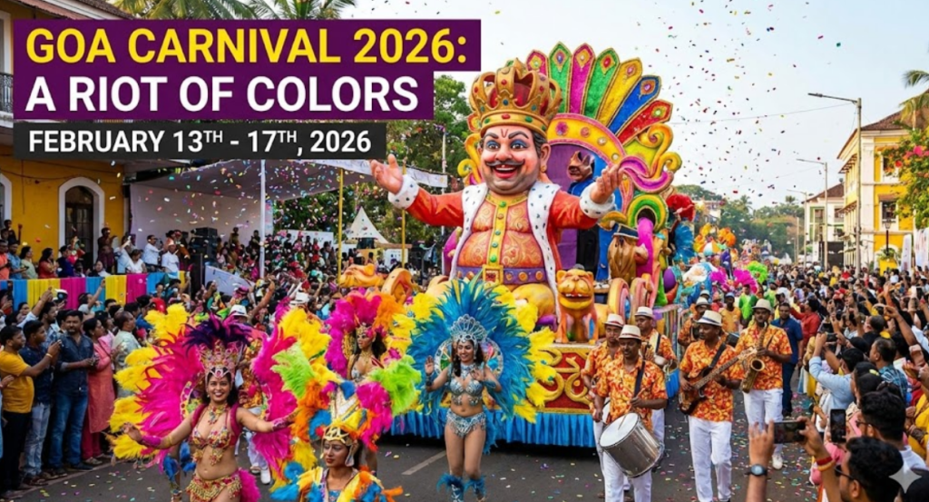 "Colorful Goa Carnival parade scene featuring a large, elaborate float with a King Momo figure surrounded by costumed dancers and confetti, with text overlay 'Goa Carnival 2026: A Riot of Colors'."