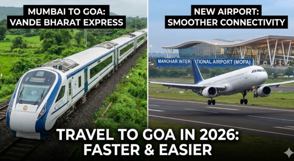 "Split-panel graphic showing modern travel options to Goa: The Vande Bharat Express train on the left and the new Manohar International Airport (Mopa) with an airplane on the right, with text 'Travel to Goa in 2026: Faster & Easier'."