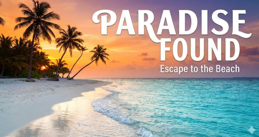 "Stunning sunset over a pristine white sand beach in Goa with palm trees and turquoise water, featuring the text 'Paradise Found: Escape to the Beach' for a 2026 vacation post."