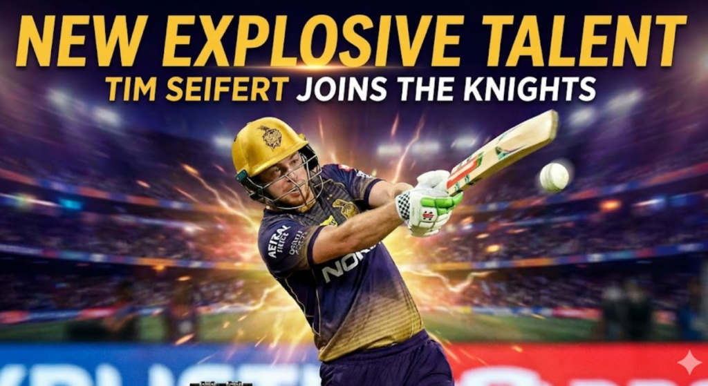 e: "An action photograph of New Zealand cricketer Tim Seifert in a Kolkata Knight Riders (KKR) jersey, powerfully hitting a cricket ball with a bat during a match in a stadium. The KKR logo is on his helmet. The text 'NEW EXPLOSIVE TALENT' and 'TIM SEIFERT JOINS THE KNIGHTS' is overlaid on the image."