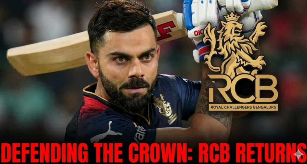 "A close-up photograph of cricketer Virat Kohli in a Royal Challengers Bengaluru (RCB) jersey, holding a cricket bat with an intense expression, ready to play. The Golden RCB lion logo is prominent next to him, and the text 'DEFENDING THE CROWN: RCB RETURNS' is at the bottom."