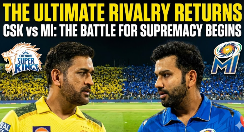 A split-screen promotional image showing MS Dhoni in a yellow Chennai Super Kings (CSK) jersey and Rohit Sharma in a blue Mumbai Indians (MI) jersey, facing each other with determined looks. The background is a stadium crowd divided into yellow and blue sections. The logos for CSK and MI are visible, with the large text 'THE ULTIMATE RIVALRY RETURNS' and 'CSK vs MI: THE BATTLE FOR SUPREMACY BEGINS' across the top."