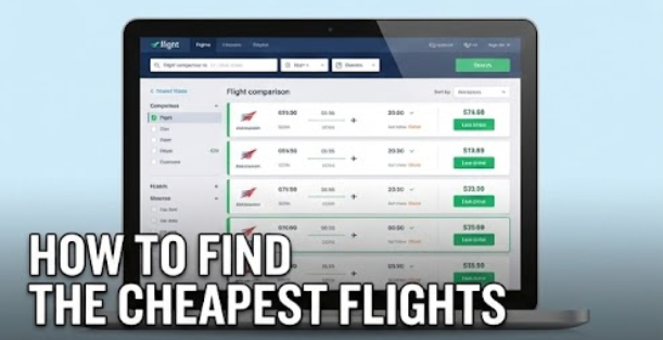 "Laptop screen displaying a cheap flight ticket comparison website with the text 'How to find the cheapest flights'."