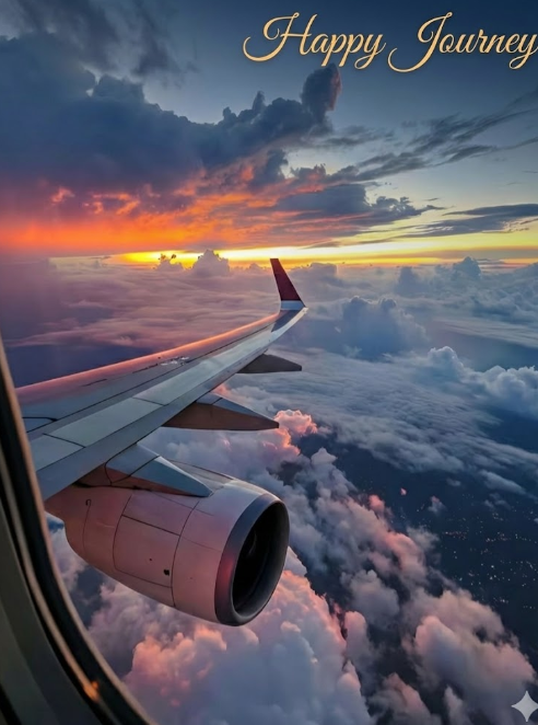 "Scenic view of clouds and sunrise from an airplane window with the text 'Happy Journey', representing a perfect flight travel experience."