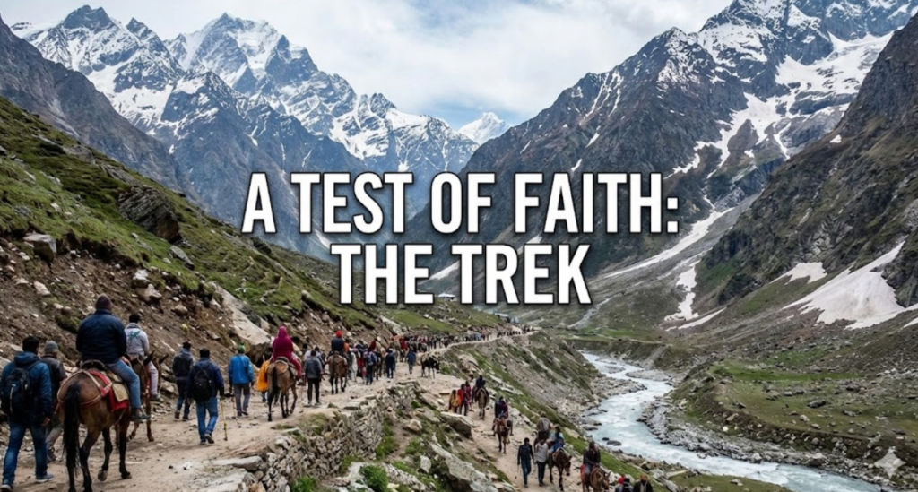 "A landscape photograph shows a winding, steep dirt path cutting through green mountain slopes, crowded with pilgrims walking and riding mules. A river flows in the valley to the right. Towering, snow-dusted Himalayan peaks rise in the background under a partly cloudy sky. The text 'A TEST OF FAITH: THE TREK' is overlaid in white capital letters."