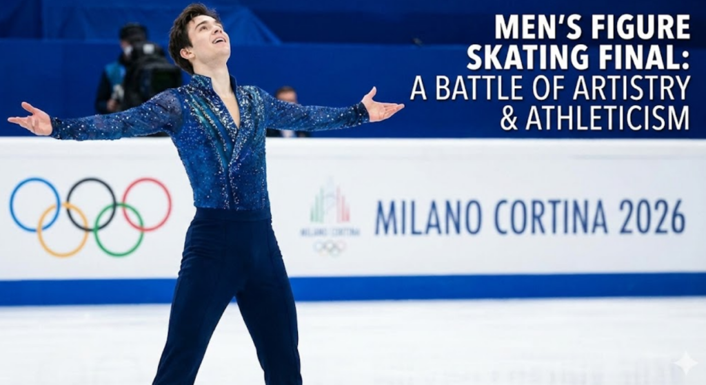"Male figure skater in a blue costume performing on ice with the text 'Men's Figure Skating Final: A Battle of Artistry & Athleticism', representing the 2026 Winter Olympics men's figure skating event."