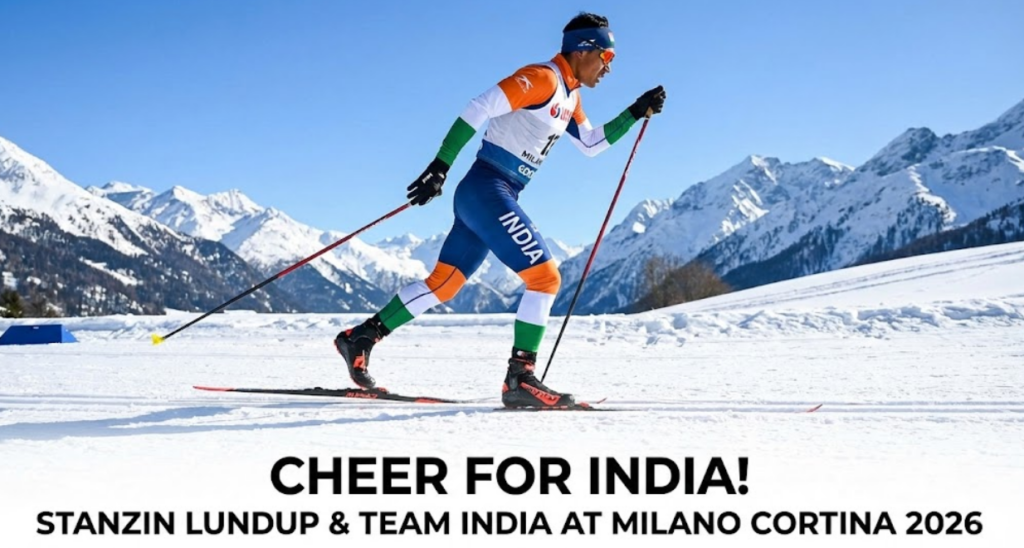 "Cross-country skier wearing an India team suit skiing on snow with mountains in the background and text 'Cheer for India! Stanzin Lundup & Team India at Milano Cortina 2026'."