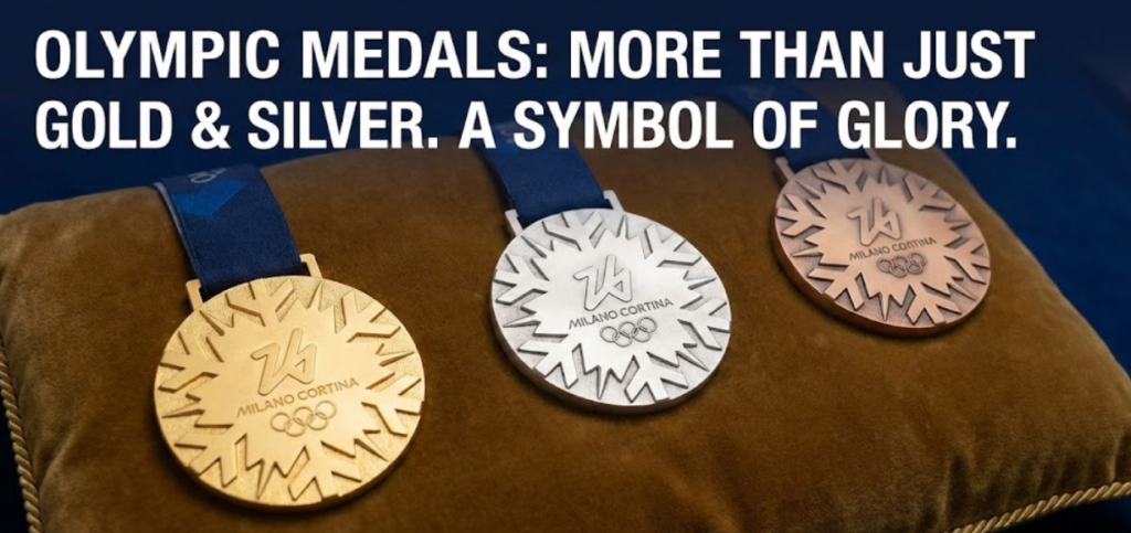 "Close-up of Gold, Silver, and Bronze Olympic medals on a cushion with text 'Olympic Medals: More Than Just Gold & Silver', symbolizing the glory of the Milano Cortina 2026 games."