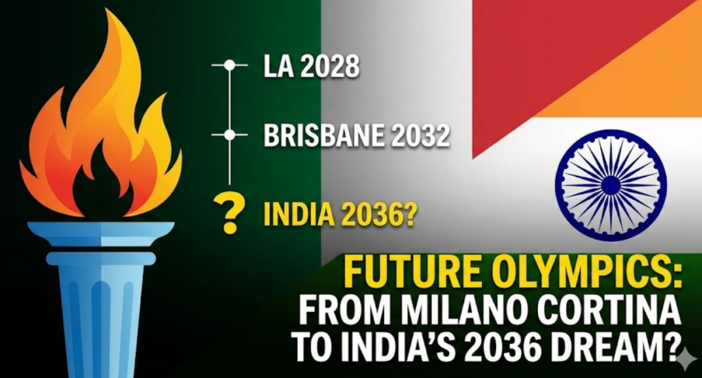 "Graphic showing an Olympic torch and a timeline of future host cities: LA 2028, Brisbane 2032, and a question mark for India 2036, representing India's bid for the future Olympics."