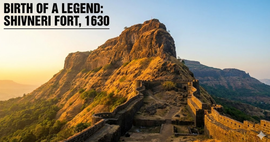 "Golden sunrise illuminating the massive Shivneri Fort, the birthplace of Chhatrapati Shivaji Maharaj, nestled in the Sahyadri mountains with text 'Birth of a Legend: Shivneri Fort, 1630'."