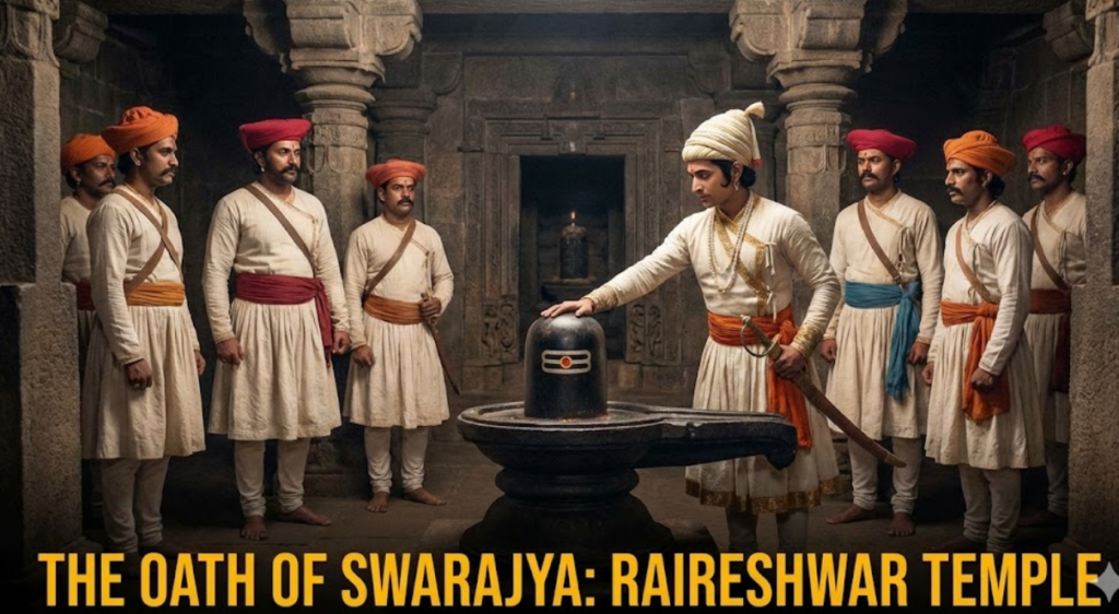 "Young Shivaji Maharaj taking the oath of Swarajya at Raireshwar Temple, touching a Shiva Lingam with his sword, surrounded by loyal Mavale soldiers. Text reads: 'The Oath of Swarajya: Raireshwar Temple'."