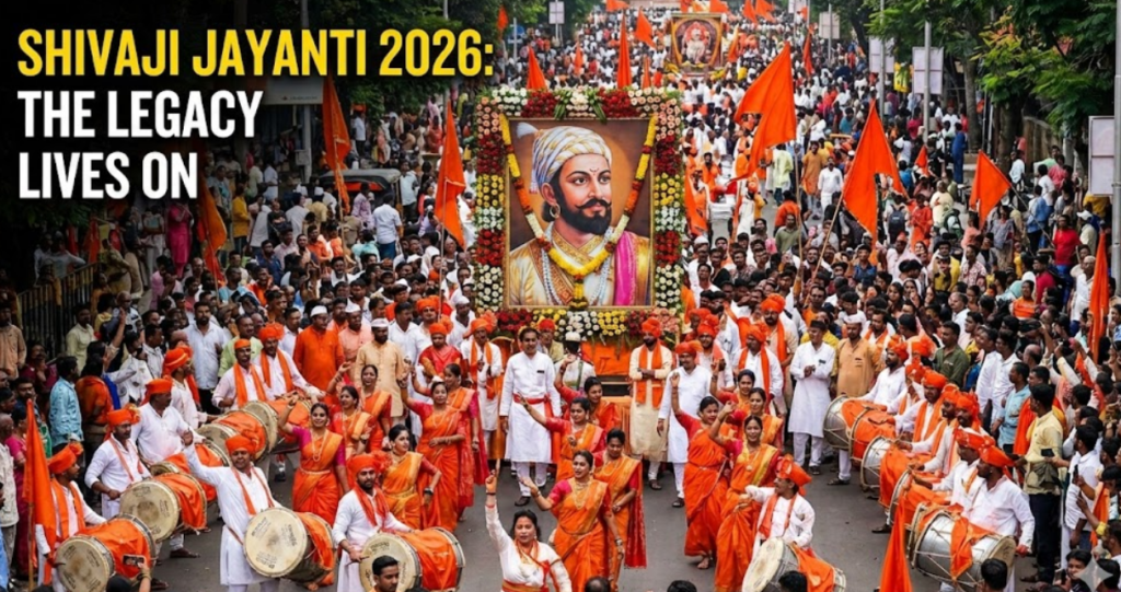 "Vibrant street procession for Shivaji Jayanti 2026 featuring a large framed portrait of Shivaji Maharaj, people playing Dhol Tasha drums, and waving saffron flags. Text reads: 'Shivaji Jayanti 2026: The Legacy Lives On'."