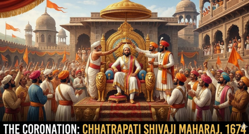 "Grand coronation ceremony (Rajyabhishek) of Chhatrapati Shivaji Maharaj at Raigad Fort, sitting on a golden throne being crowned by priests with saffron flags waving. Text reads: 'The Coronation: Chhatrapati Shivaji Maharaj, 1674'."