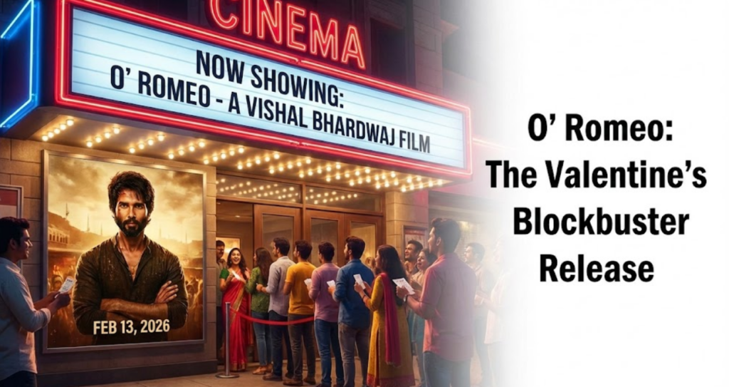 "A crowded cinema hall entrance with a marquee displaying 'Now Showing: O' Romeo', representing the box office hype for the latest Shahid Kapoor movie on Valentine's Day 2026."