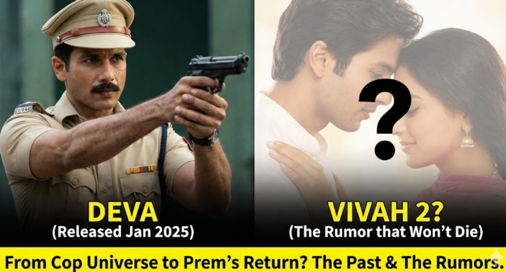 "Split screen comparison showing Shahid Kapoor as a cop in 'Deva' (2025) versus a romantic still representing the 'Vivah 2' rumors, highlighting his versatile acting career."