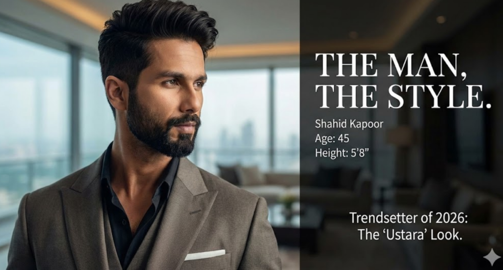 "A stylish portrait of Shahid Kapoor in a suit, showcasing his 'Ustara' beard look for 2026. Text overlays list his age (45) and height (5'8''), emphasizing his status as a style icon."