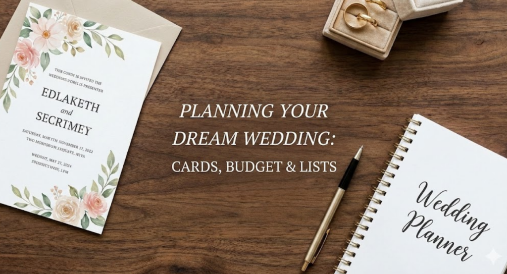 "Wedding planning essentials including a floral invitation card, gold wedding rings, and a planner notebook on a wooden table, representing budgeting and organization."