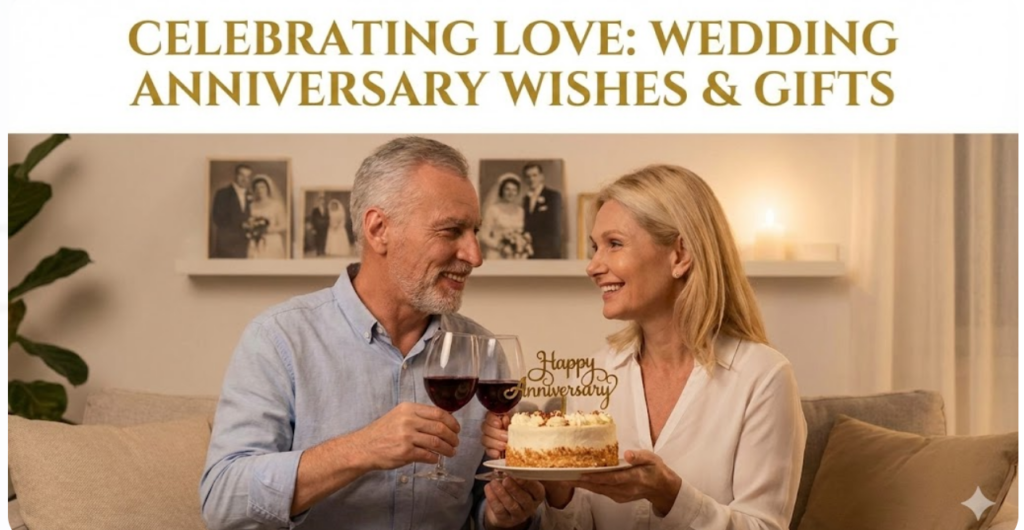 "Happy older couple celebrating their wedding anniversary with a cake and wine glasses, representing lifetime love and wedding anniversary wishes."