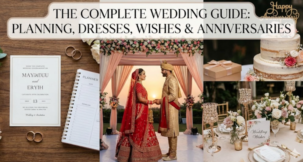 "A collage image featuring a wedding invitation, a couple in traditional attire, and a wedding cake, summarizing the complete guide to planning, dresses, and wishes."