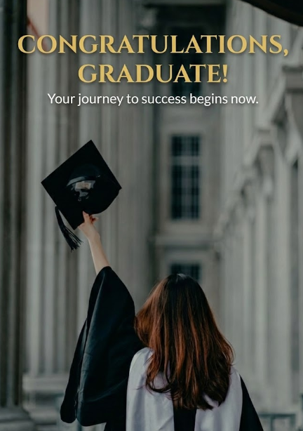 "Back view of a graduate student holding up a graduation cap in front of a university building, celebrating academic success. Text reads: 'CONGRATULATIONS, GRADUATE! Your journey to success begins now.'"