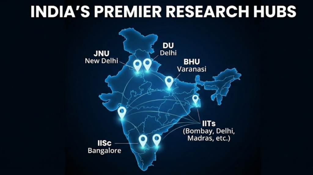 "Map of India highlighting premier research hubs for PhD admission, including JNU and DU in New Delhi, BHU in Varanasi, IITs across India, and IISc in Bangalore."