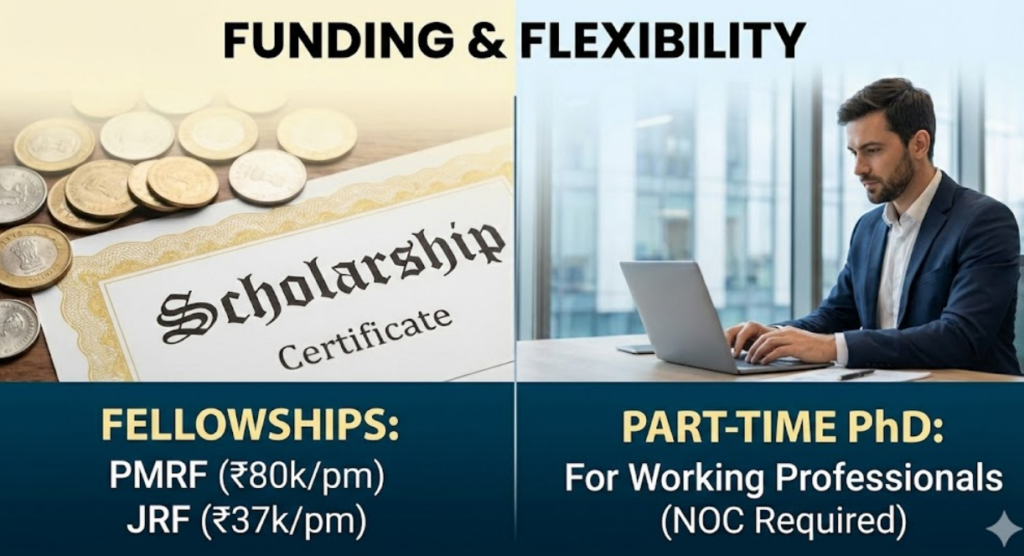 "Split screen image showing PhD funding options like PMRF and JRF fellowships on the left, and a working professional representing Part-Time PhD with NOC requirement on the right."