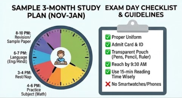 "Visual guide showing a 3-month study plan clock for board exam preparation and a checklist of exam day guidelines including admit card and stationery."