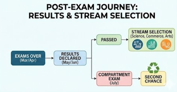 "Flowchart illustrating the post-exam process for Class 10 students, moving from results declaration to stream selection (Science, Commerce, Arts) or compartment exams."
