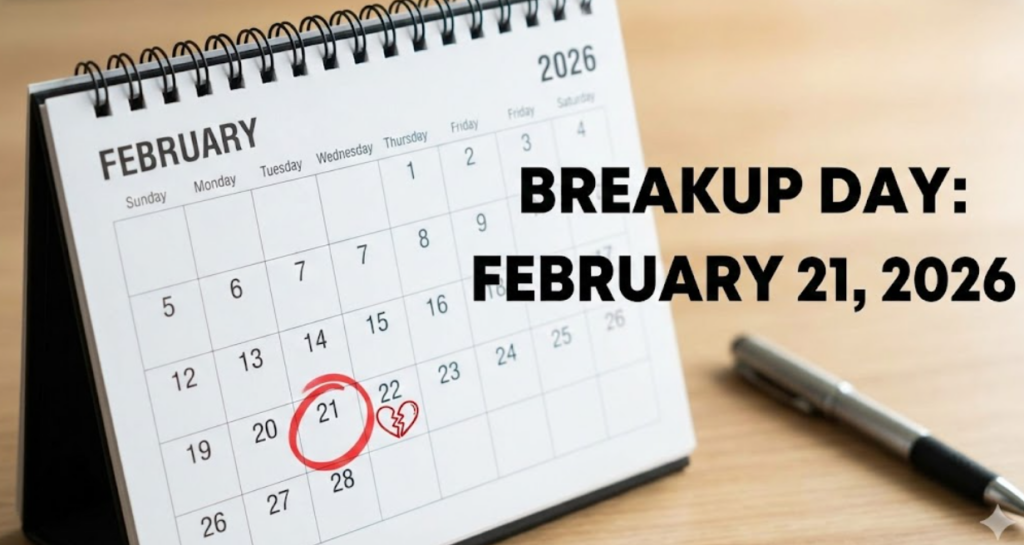 Close-up of a desk calendar marking February 21, 2026, as Breakup Day with a red circle and a broken heart doodle.