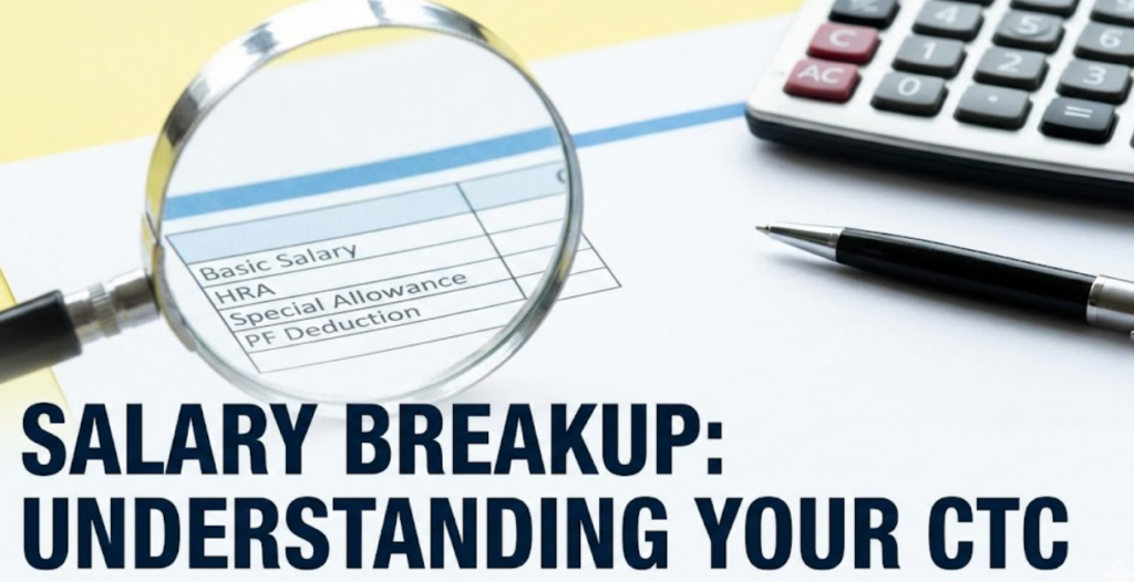 A magnifying glass hovering over a financial document showing a detailed salary breakup including Basic Salary, HRA, and PF deductions.