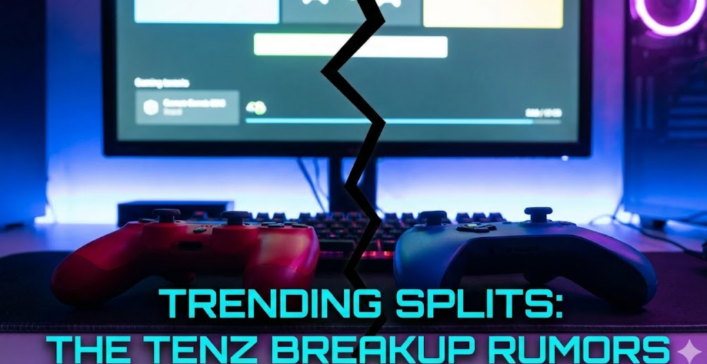 Two gaming controllers separated by a jagged crack graphic, representing trending celebrity splits like the Tenz breakup rumors in the gaming world.