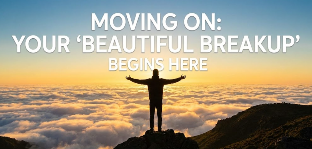 Inspirational image of a person standing on a mountain peak at sunrise with arms outstretched, symbolizing healing and moving on after a breakup.
