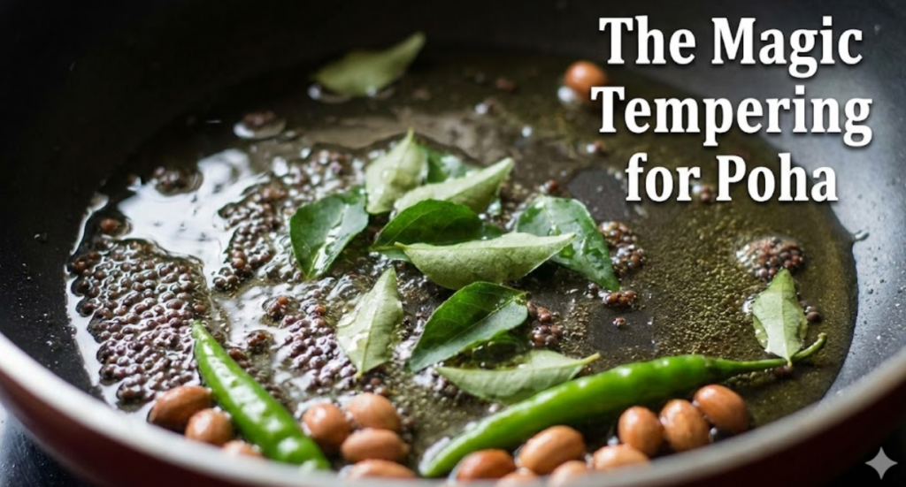 Close-up of mustard seeds, curry leaves, and peanuts sizzling in hot oil in a pan, titled "The Magic Tempering for Poha."