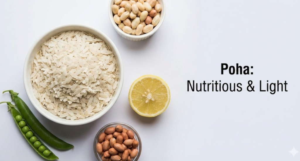 A comparison of Red Poha and White Poha bowls on a weighing scale, illustrating the text "Poha & Weight Loss: Red vs. White Flakes."