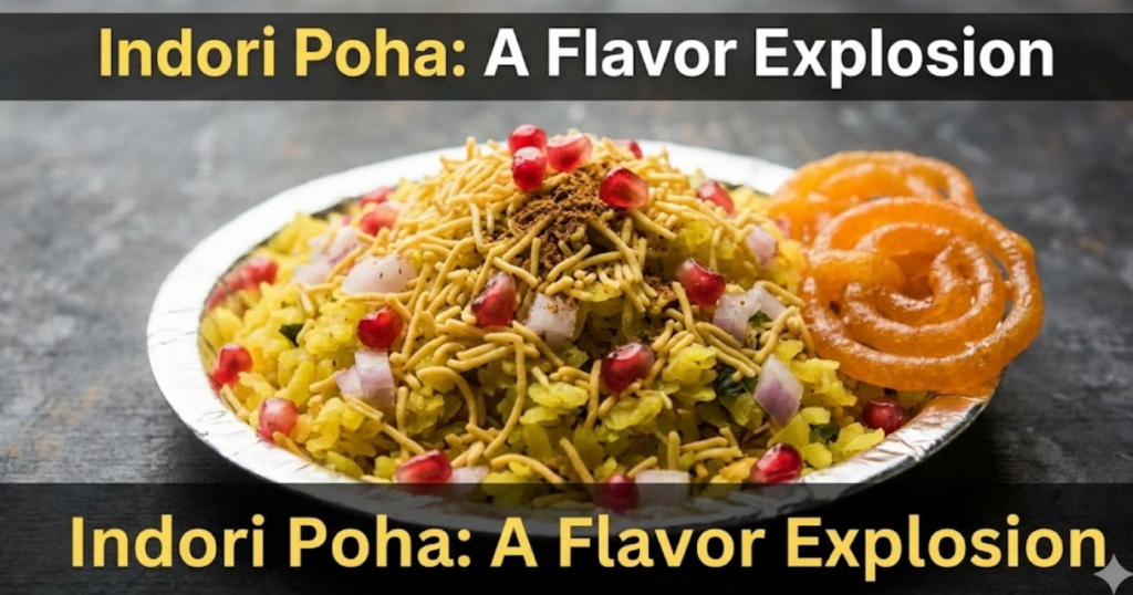 A plate of authentic Indori Poha topped with pomegranate and sev, served with Jalebi, featuring the text "Indori Poha: A Flavor Explosion."