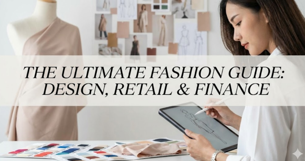 A fashion designer's hand sketching a gown on a pad with a pencil, surrounded by colorful fabric swatches and a dress form.