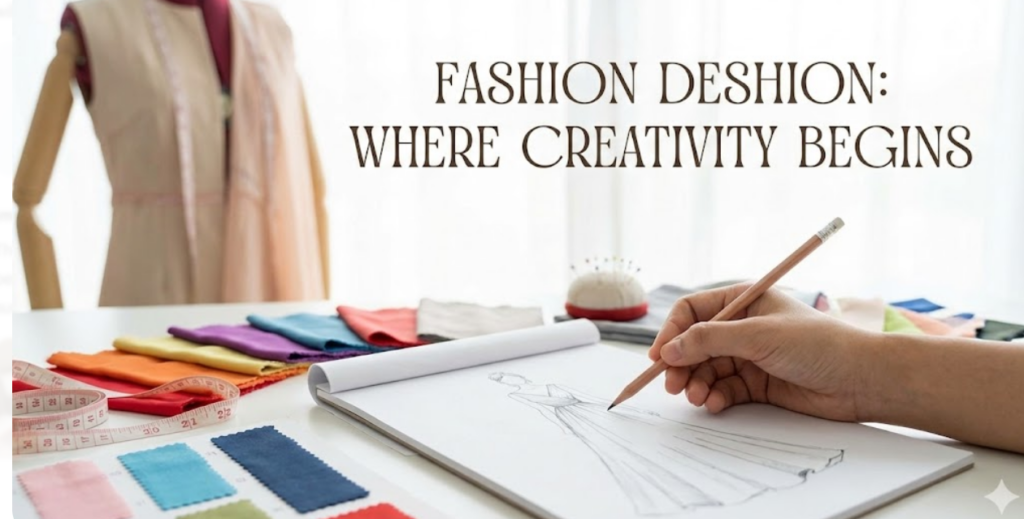 A composite image for a fashion article showing a designer sketching, shopping bags from Nykaa Fashion and Myntra, and a stock market graph for Aditya Birla Fashion shares.