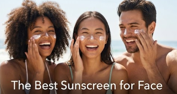 Best Sunscreen for Face & Oily Skin: The Ultimate 2026 Skincare Guide 1 Three friends with diverse skin tones laughing on a beach and applying sunscreen to their faces, with the text "The Best Sunscreen for Face" overlaid.