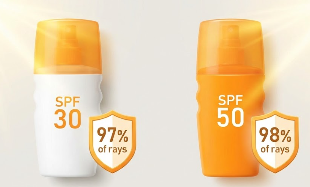 Best Sunscreen for Face & Oily Skin: The Ultimate 2026 Skincare Guide 2 An infographic comparing SPF 30 and SPF 50, showing that SPF 30 blocks 97% of rays while SPF 50 blocks 98%.