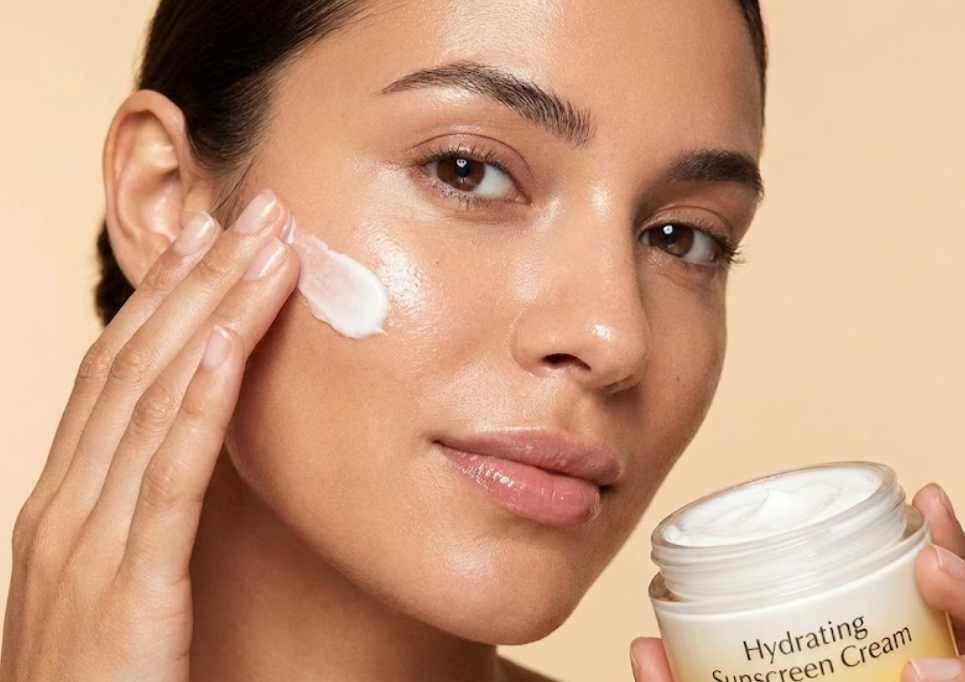 Best Sunscreen for Face & Oily Skin: The Ultimate 2026 Skincare Guide 4 A close-up of a woman with a matte complexion holding a tube of "Matte Finish Gel Sunscreen," with the text "Matte Finish for Oily Skin" next to her.