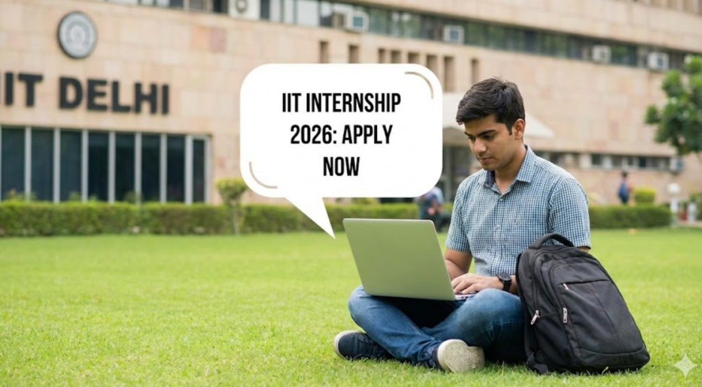 A student with a laptop sitting on the lawn of the IIT Delhi campus, representing summer internships in 2026.