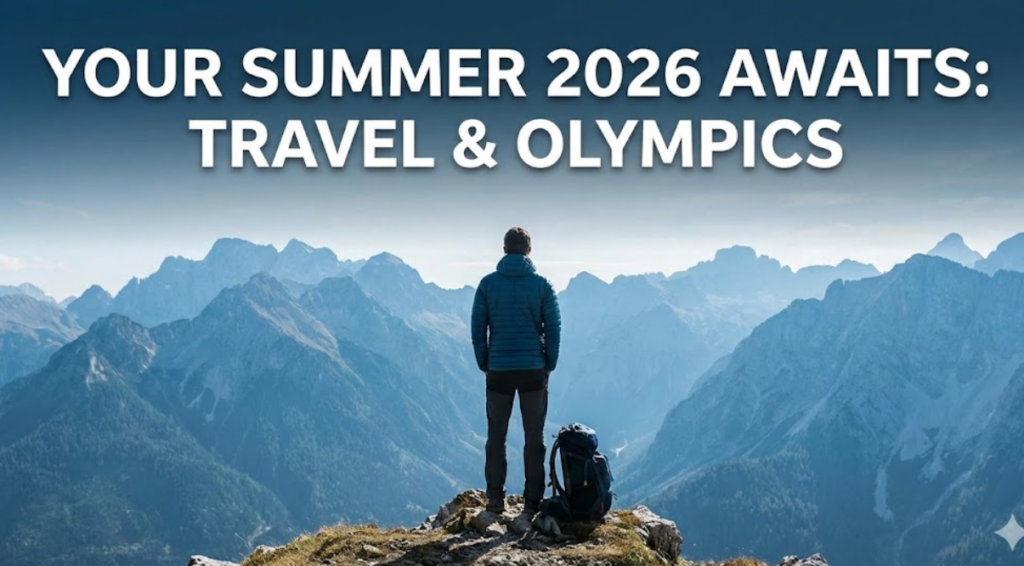 A hiker with a backpack on a mountain peak looking at a scenic view, symbolizing active summer travel and lifestyle.