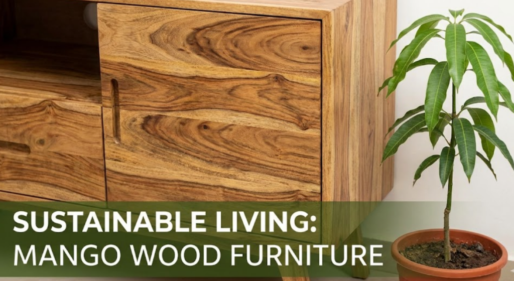 A close-up photograph of a wooden cabinet with distinct, beautiful grain patterns, typical of mango wood. A small potted mango sapling sits beside it. The text "SUSTAINABLE LIVING: MANGO WOOD FURNITURE" is overlaid.